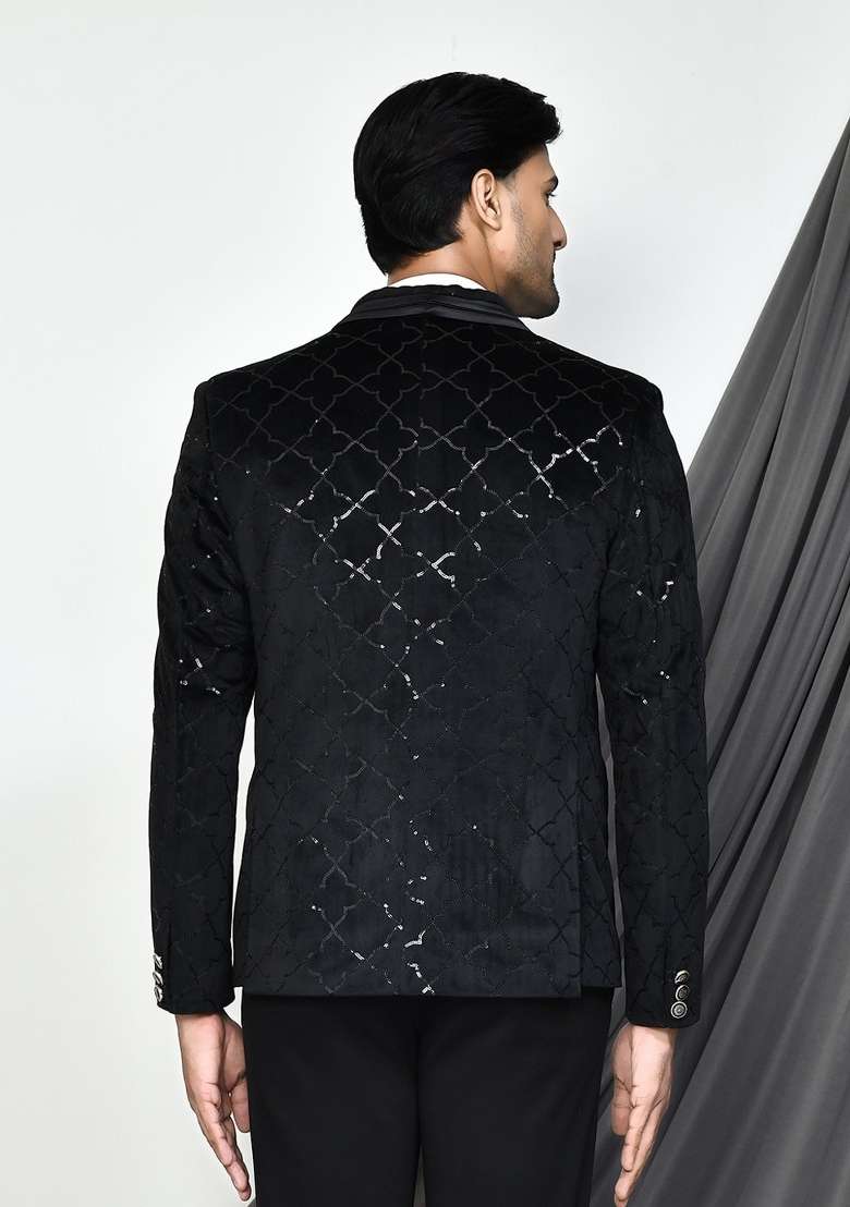 Black Embroidered Velvet Blazer For Men - Indya