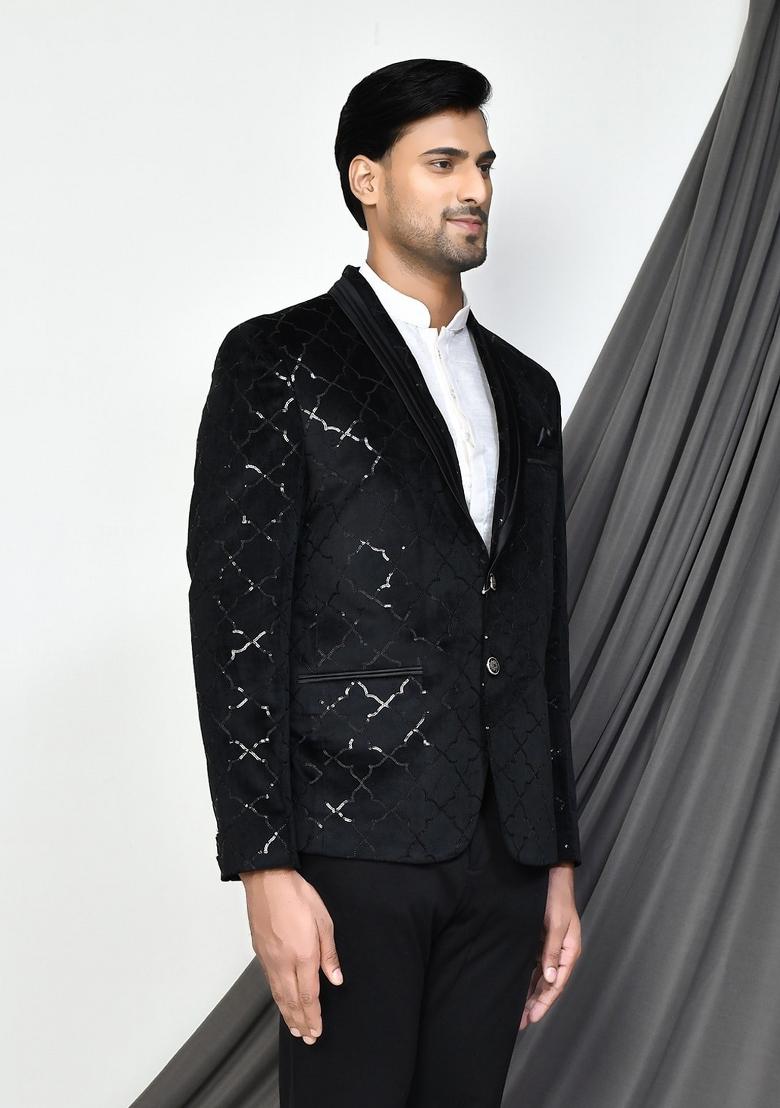 Black Embroidered Velvet Blazer For Men