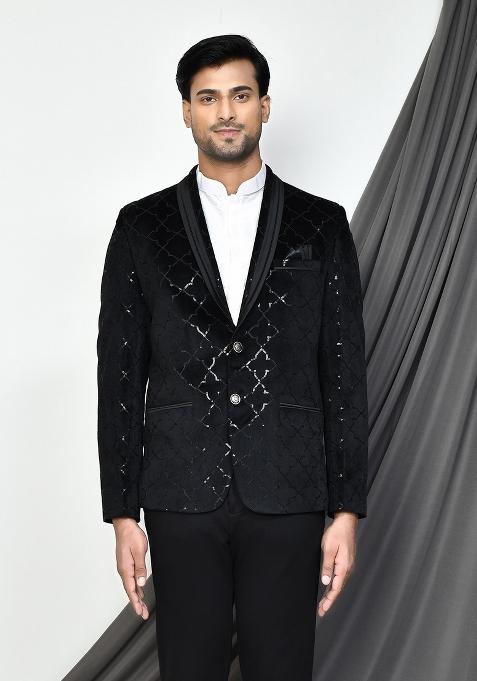 Black Embroidered Velvet Blazer For Men