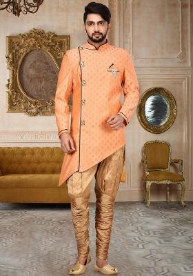 Orange Embroidered Cotton Silk Indo Western Sherwani For Men