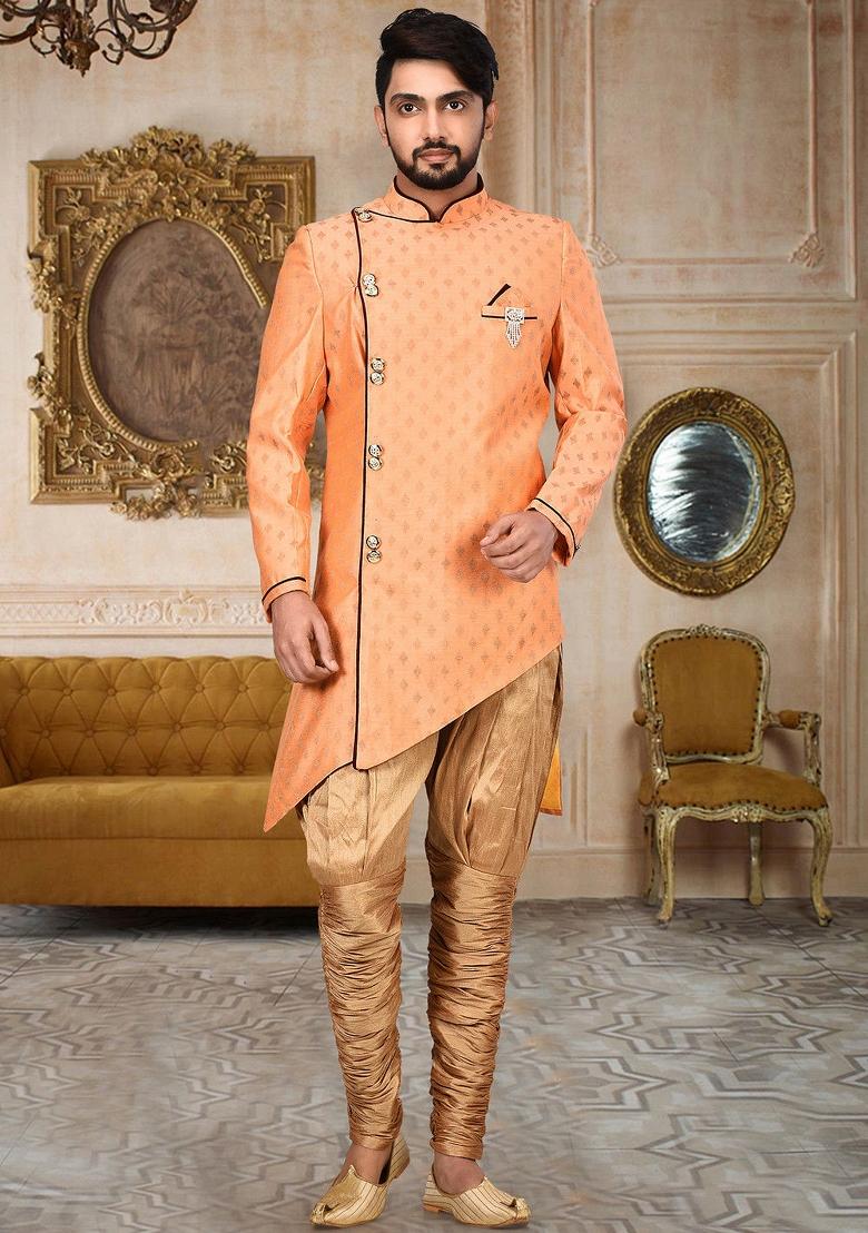 Orange Embroidered Cotton Silk Indo Western Sherwani For Men