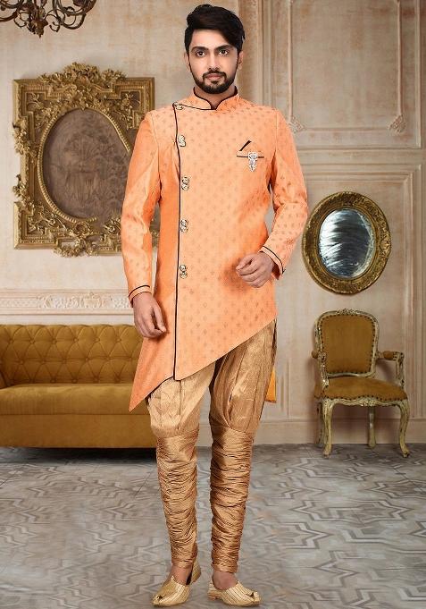 Orange Embroidered Cotton Silk Indo Western Sherwani For Men