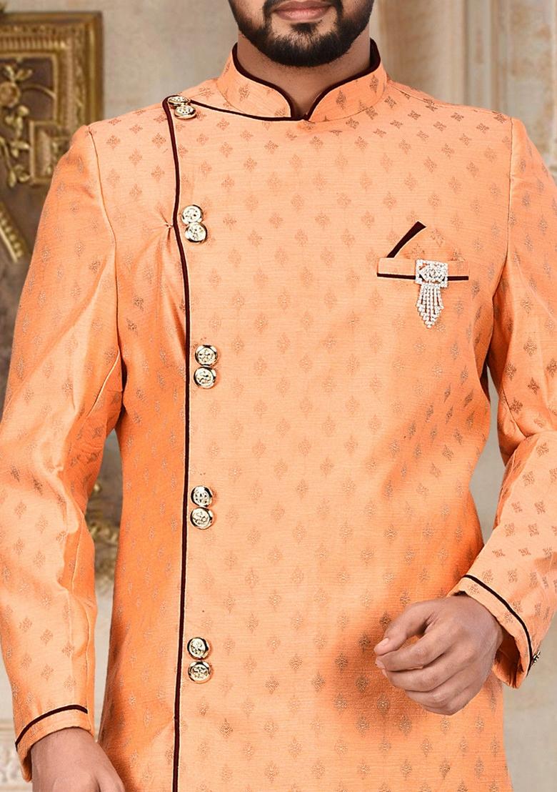Orange Embroidered Cotton Silk Indo Western Sherwani Set For Men