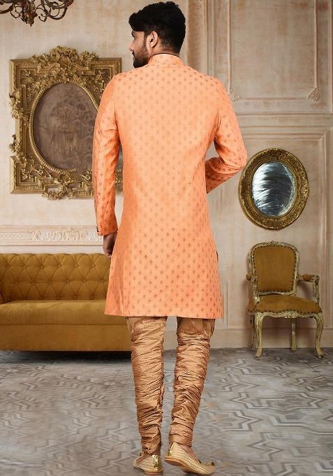 Orange Embroidered Cotton Silk Indo Western Sherwani Set For Men