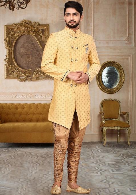 Yellow Embroidered Cotton Silk Indo Western Sherwani For Men