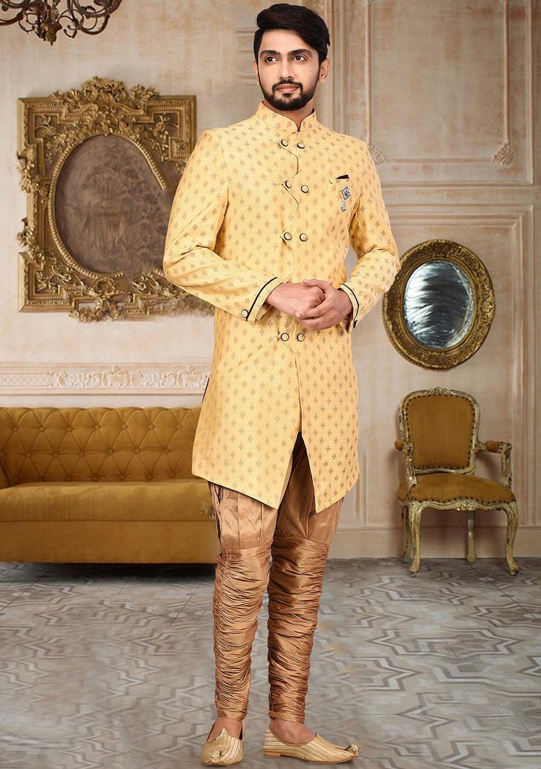 Yellow Embroidered Cotton Silk Indo Western Sherwani Set For Men