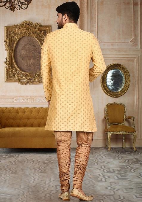 Yellow Embroidered Cotton Silk Indo Western Sherwani Set For Men