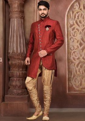 Red Embroidered Jamewar Indo Western Sherwani For Men