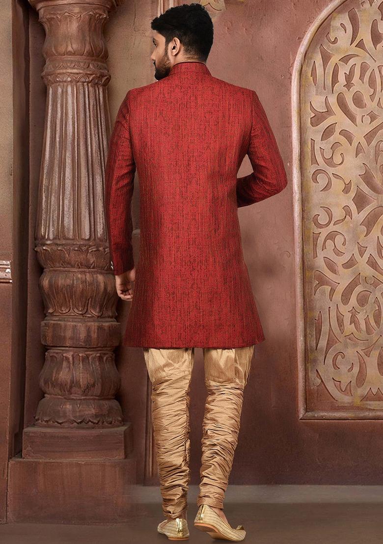 Red Embroidered Jamewar Indo Western Sherwani For Men