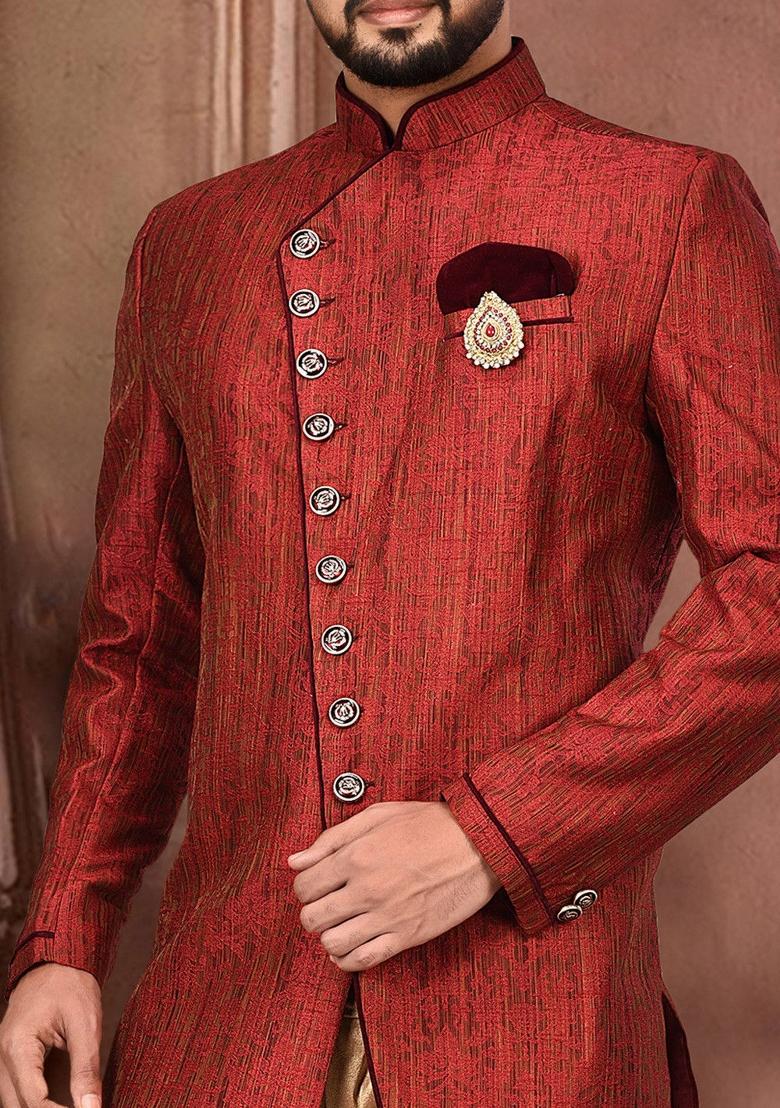 Red Embroidered Jamewar Indo Western Sherwani For Men