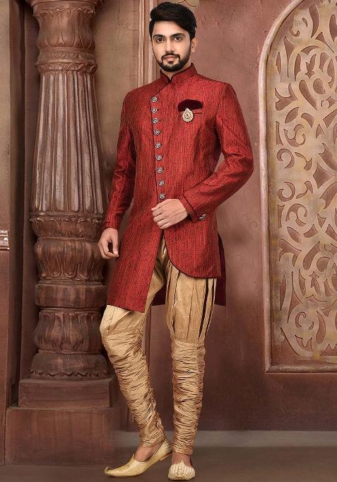 Red Embroidered Jamewar Indo Western Sherwani For Men