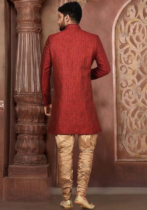 Red Embroidered Jamewar Indo Western Sherwani For Men