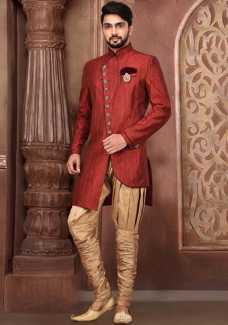 Red Embroidered Jamewar Indo Western Sherwani Set For Men