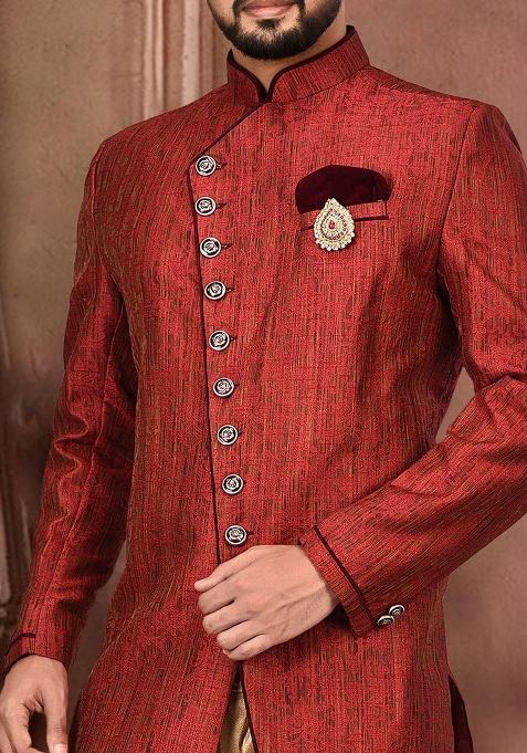 Red Embroidered Jamewar Indo Western Sherwani Set For Men