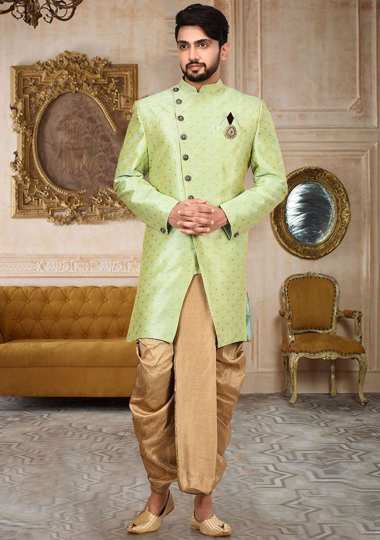 Green Embroidered Mulbury Indo Western Sherwani For Men - Indya