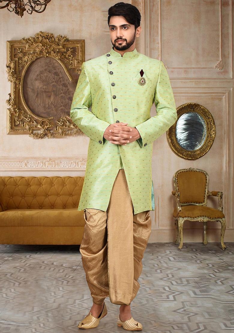 Green Embroidered Mulbury Indo Western Sherwani Set For Men