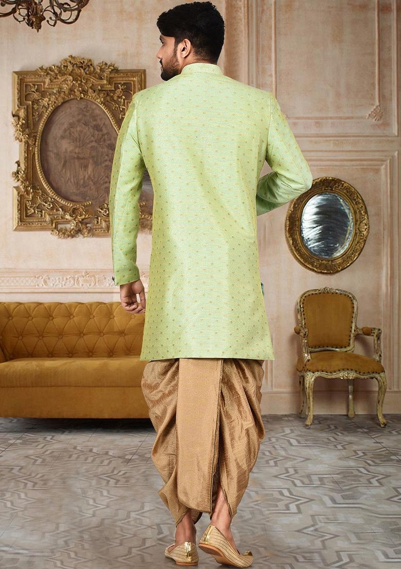 Green Embroidered Mulbury Indo Western Sherwani Set For Men