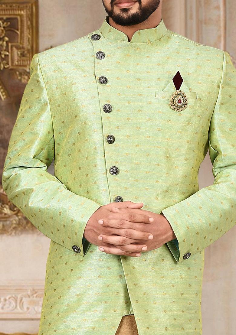 Green Embroidered Mulbury Indo Western Sherwani Set For Men