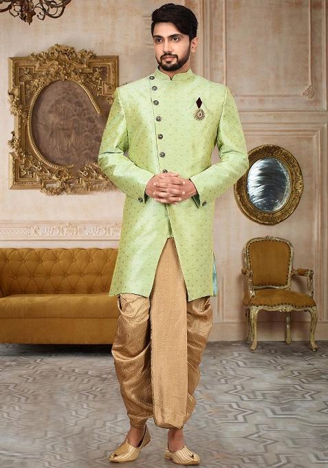 Green Embroidered Mulbury Indo Western Sherwani Set For Men