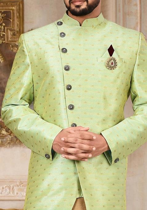 Green Embroidered Mulbury Indo Western Sherwani Set For Men