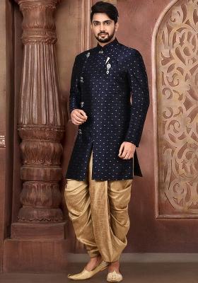 Navy Blue Embroidered Mulbury Indo Western Sherwani For Men