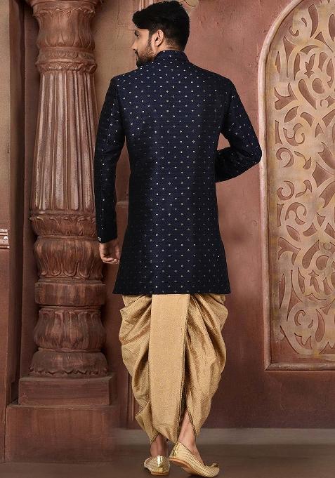 Navy Blue Embroidered Mulbury Indo Western Sherwani For Men