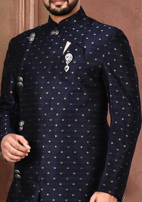 Navy Blue Embroidered Mulbury Indo Western Sherwani For Men