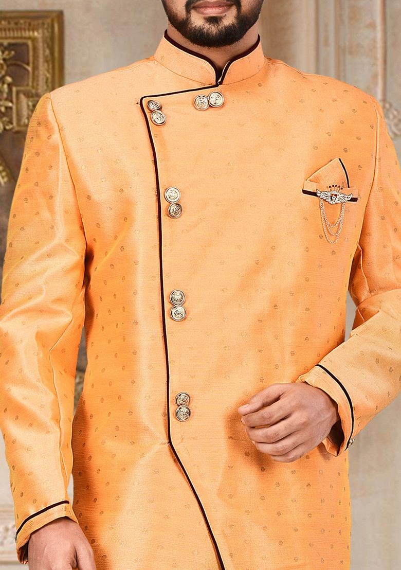 Orange Embroidered Mulbury Indo Western Sherwani For Men