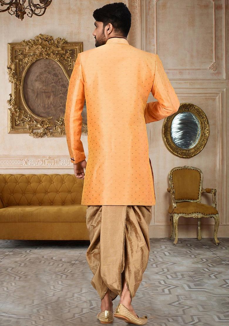 Orange Embroidered Mulbury Indo Western Sherwani Set For Men