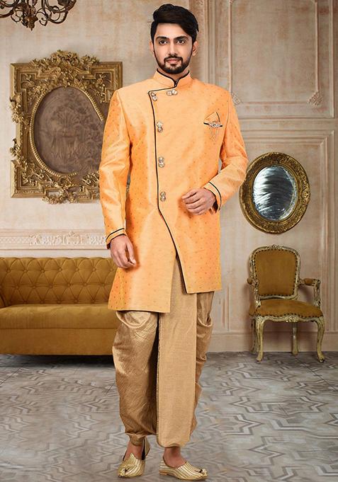 Orange Embroidered Mulbury Indo Western Sherwani Set For Men — view on Indya