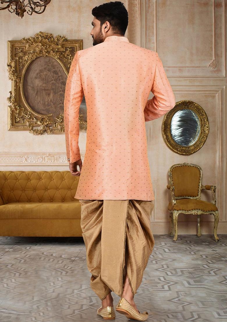Peach Embroidered Mulbury Indo Western Sherwani For Men
