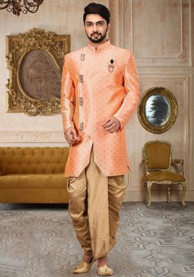 Peach Embroidered Mulbury Indo Western Sherwani Set For Men