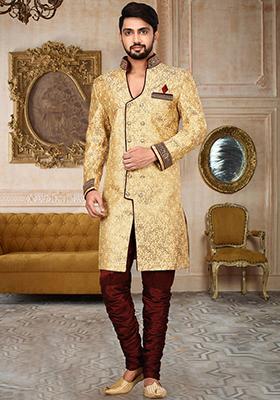 Gold Embroidered Jamewar Indo Western Sherwani For Men