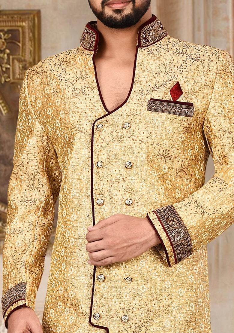 Gold Embroidered Jamewar Indo Western Sherwani For Men