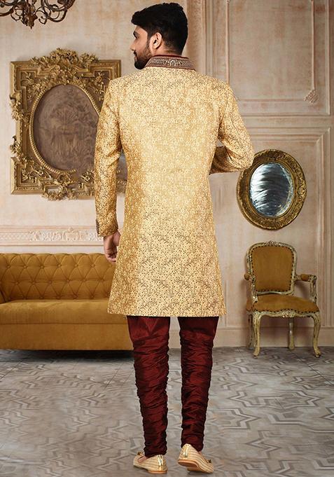 Gold Embroidered Jamewar Indo Western Sherwani For Men