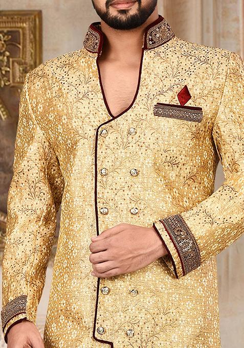 Gold Embroidered Jamewar Indo Western Sherwani For Men