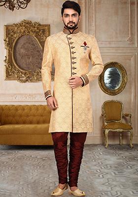 Gold Embroidered Jamewar Indo Western Sherwani For Men