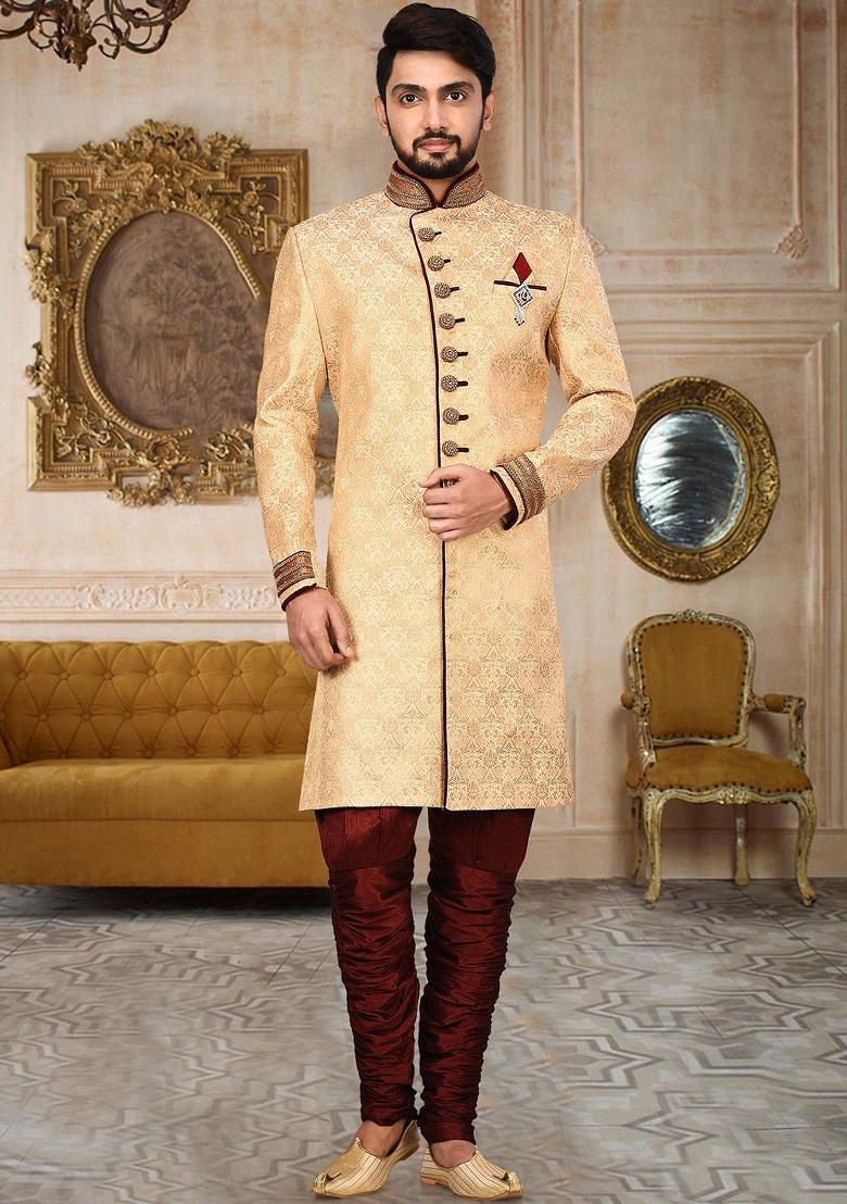 Gold Embroidered Jamewar Indo Western Sherwani For Men
