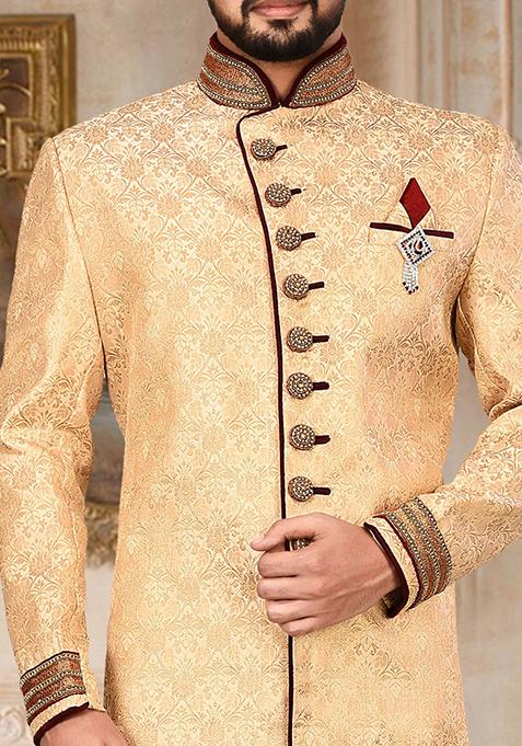 Gold Embroidered Jamewar Indo Western Sherwani For Men