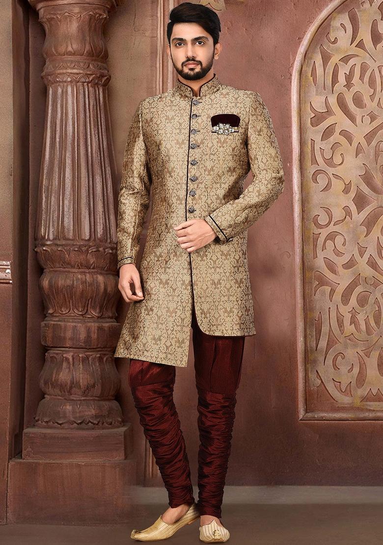 Gold Embroidered Jamewar Indo Western Sherwani For Men