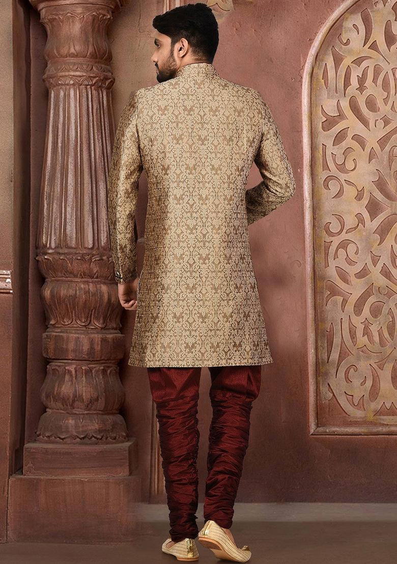Gold Embroidered Jamewar Indo Western Sherwani For Men