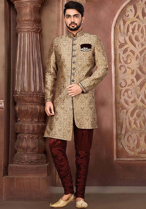 Gold Embroidered Jamewar Indo Western Sherwani For Men
