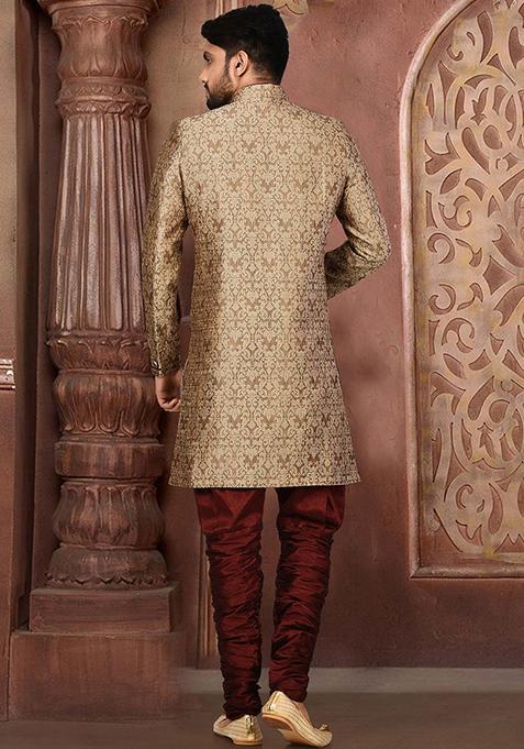 Gold Embroidered Jamewar Indo Western Sherwani For Men