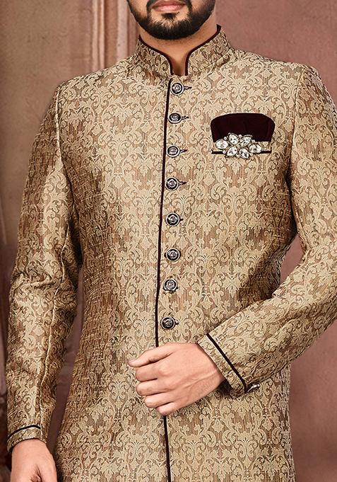 Gold Embroidered Jamewar Indo Western Sherwani For Men