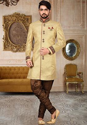 Gold Embroidered Jamewar Indo Western Sherwani For Men