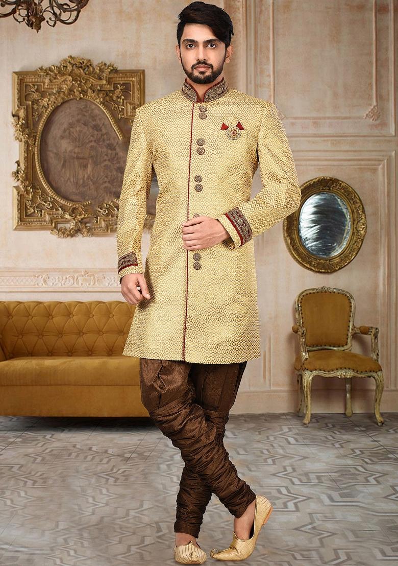 Gold Embroidered Jamewar Indo Western Sherwani For Men