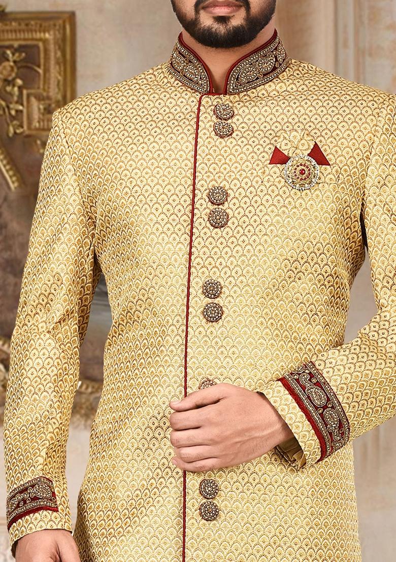 Gold Embroidered Jamewar Indo Western Sherwani For Men