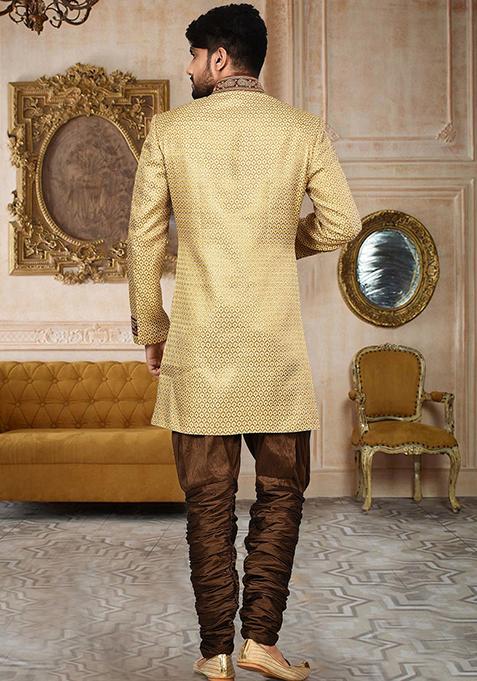 Gold Embroidered Jamewar Indo Western Sherwani For Men