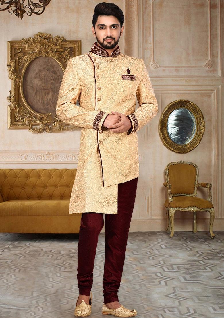 Gold Embroidered Jamewar Indo Western Sherwani For Men