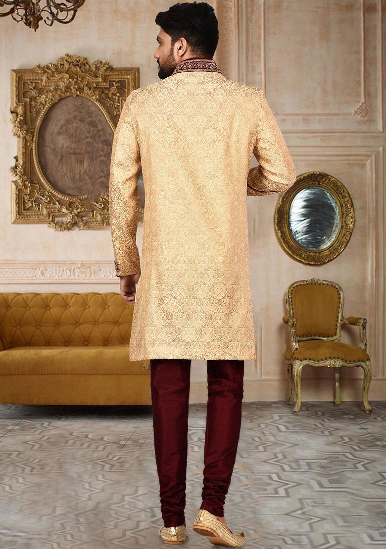 Gold Embroidered Jamewar Indo Western Sherwani For Men